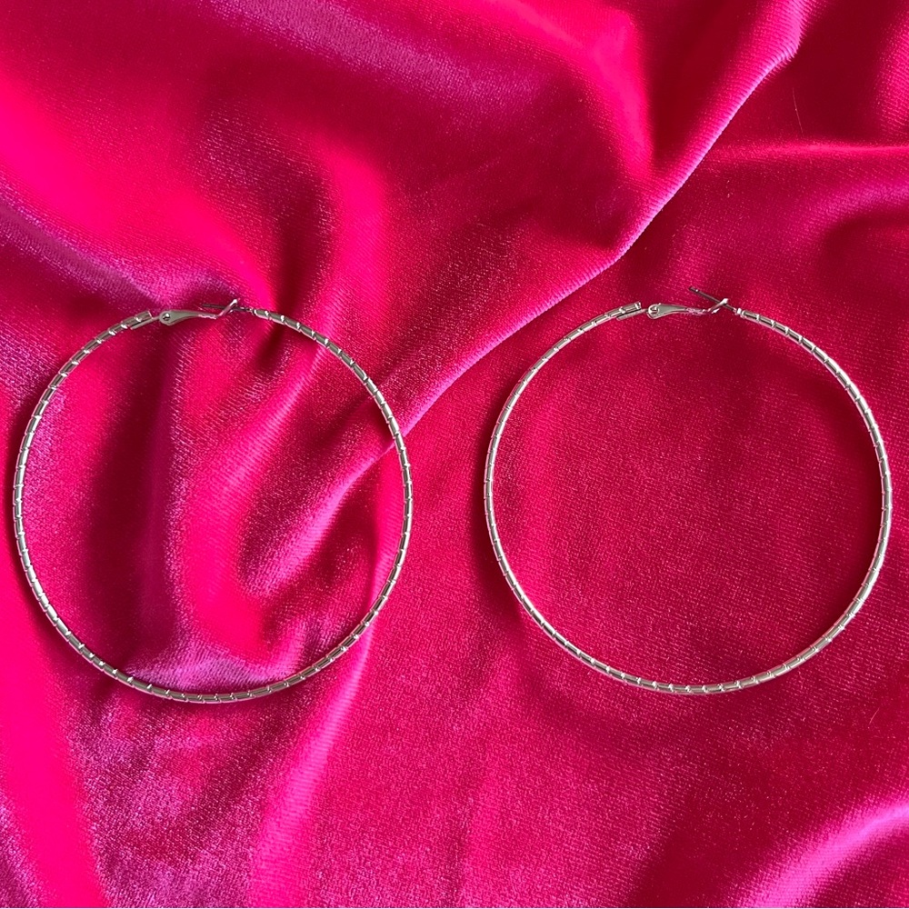 Large silver-tone etched hoops